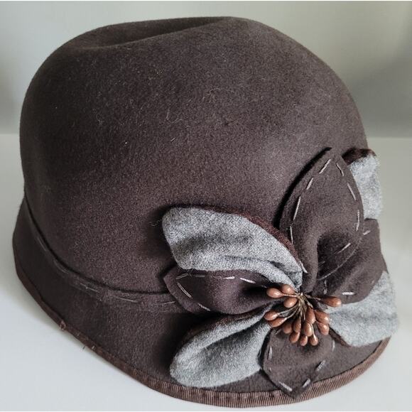 Scala Brown 100% Wool Cloche Bucket Hat with Floral Detail - Picture 1 of 5